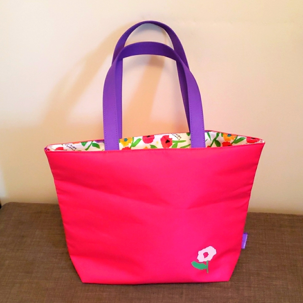 Clinique pink floral shoulder tote bag w purple handles